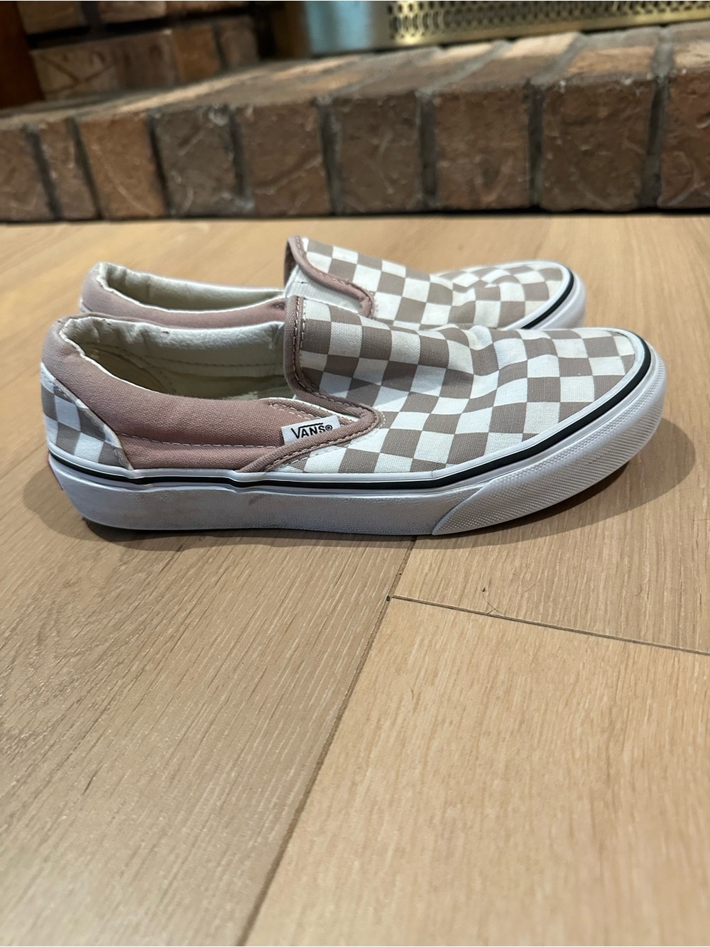 Vans Women’s Slip-On Checkerboard Sneakers in Mauve and White